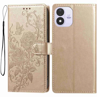Etui skórzane z motywem róży i motyla z portfelikiem, podstawką i zapięciem na magnes do Xiaomi Redmi Note 17 4G (Global) / Xiaomi Redmi Note 17 (Indie/Chiny) 5G / Xiaomi Redmi Note 17 5G (Global) - złote