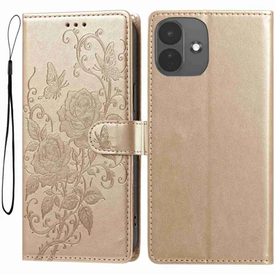 For Xiaomi Redmi Note 17 Pro 5G Læderskærm med rosen- og sommerfugltrykt wallet stand flip dæksel med håndbøjle - Guld
