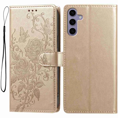  Voor Samsung Galaxy S25 Leren Hoesje met Roos Vlinder Afdruk Portefeuille Stand Flip Hoesje met Polsbandje - Goud