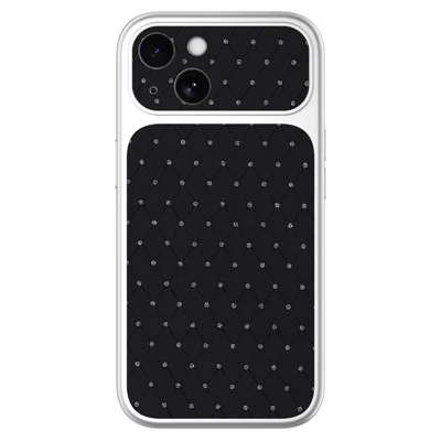 Für iPhone 15 Hülle Diamant-Textur PU-Leder + PC + TPU Glänzender silberner Rand Sturzsichere Handy-Rückseite – Schwarz
