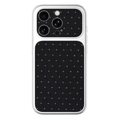 Für iPhone 15 Pro Hülle Diamant-Textur PU-Leder + PC + TPU Glänzender silberner Rand Sturzsichere Handy-Rückseite – Schwarz