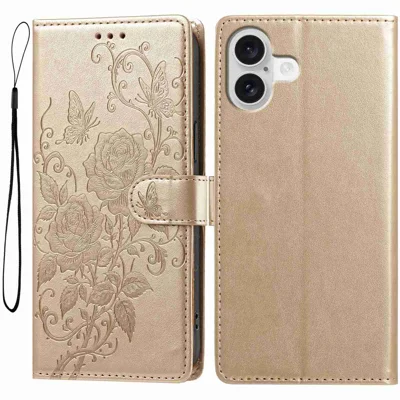  For iPhone 16 Plus Leather Case Rose Butterfly Imprinted Wallet Stand Flip Phone Cover with Wrist Strap - Gold