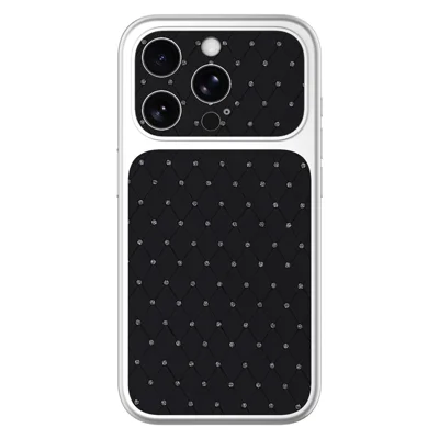 For iPhone 13 Pro Case Diamond Texture PU Leather + PC + TPU Glossy Silver Edge Anti Drop Phone Back Cover - Black