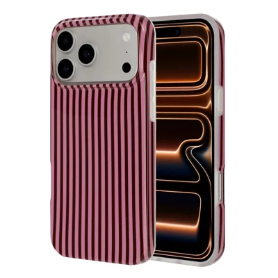  For iPhone 17 Pro Max / iPhone 18 Pro Max TPU Case IMD Burgundy Series Glossy Anti Drop Phone Back Cover - Vertical Pink Stripes