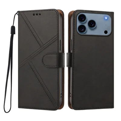  For iPhone 17 Pro / iPhone 18 Pro Case Diamond Stitch PU Leather Wallet Flip Phone Cover with Wrist Strap - Black