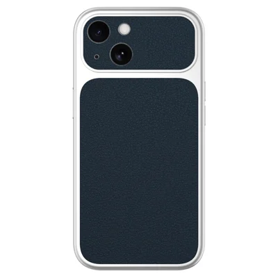 Für iPhone 15 Hülle Litschi-Textur PU-Leder + PC + TPU, glänzender silberner Rand, stoßfest, Rückseite - Marineblau