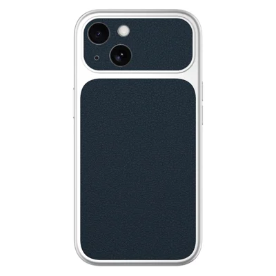 For iPhone 14 Case Litchi Texture PU Leather + PC + TPU Glossy Silver Edge Anti Drop Phone Back Cover - Navy Blue