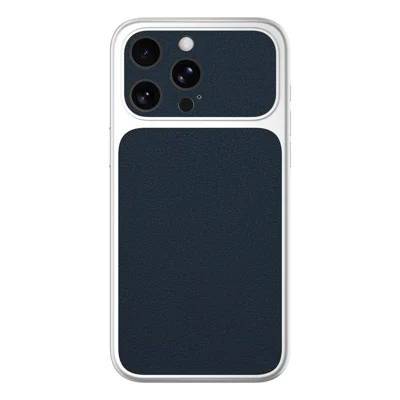 For iPhone 14 Pro Max Case Litchi Texture PU Leather + PC + TPU Glossy Silver Edge Anti Drop Phone Back Cover - Navy Blue