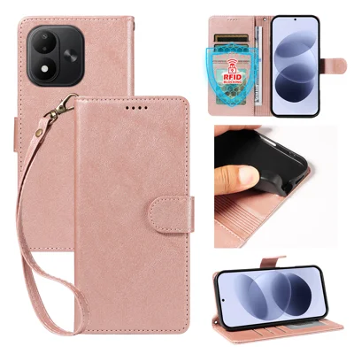 Etui z paskiem na nadgarstek, portfel z zabezpieczeniem przed kradzieżą RFID, pokrowiec z naturalnej skóry w stylu byczej skóry, kolor różowego złota, dla Xiaomi Redmi Note 17 4G (Global) / Xiaomi Redmi Note 17 (Indie/Chiny) 5G / Xiaomi Redmi Note 17 5G (Global)