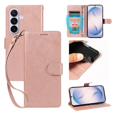  Samsung Galaxy S27+ hoesje met polsbandje RFID-blocking portemonnee Koeienhuidstructuur Lederen telefoonhoesje - Roze goud