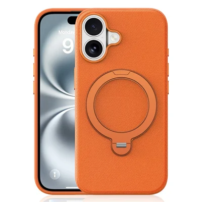 For iPhone 16 Case Magnetic Rotating Kickstand Tech Fabric TPU Protective Cover - Orange