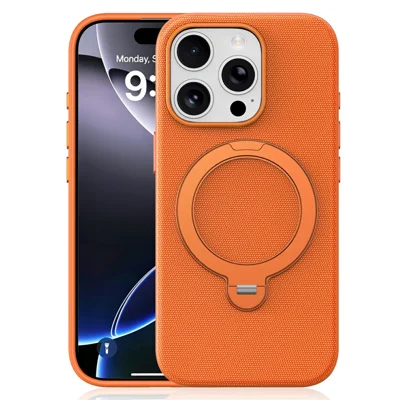 For iPhone 16 Pro Case Magnetic Rotating Kickstand Tech Fabric TPU Protective Cover - Orange