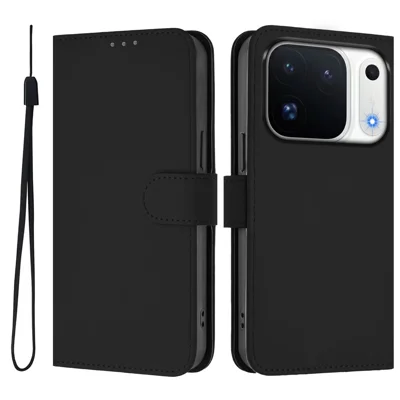  For Oppo Find X10 Pro Max 5G Case Solid Color Wallet Leather Phone Cover with Strap - Black