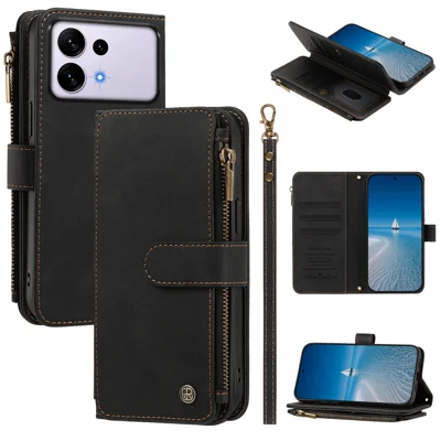  For Samsung Galaxy S27 Ultra Leather Case 9 Card Slots Zipper Wallet Stand Phone Cover with Wrist Strap - Black