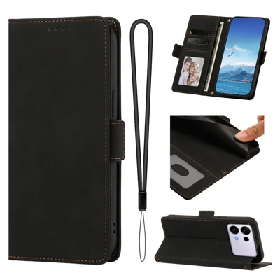 Für Samsung Galaxy S27 Ultra Hülle Soft-Touch PU-Leder Flip-Mappen-Handyhülle mit Handschlaufe - Schwarz