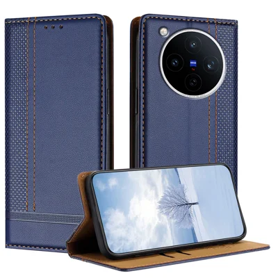 Voor vivo X500 Pro 5G Hoesje L-vormig Rasterpatroon Leren Stand Hoes met Kaartslots - Blauw