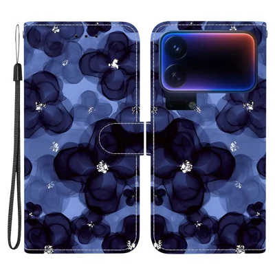 For Xiaomi 18 Pro Max Wallet Case Pattern Printing Leather Stand Phone Cover with Strap - Ink Blue Flower