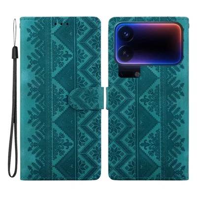 For Xiaomi 18 Pro Max Wallet Case Imprinted Ethnic Pattern Leather Phone Cover with Wrist Strap - Green