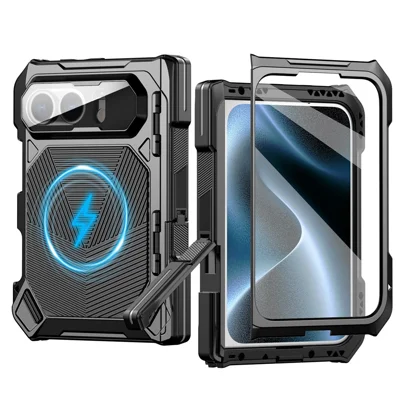 For iPhone Duo Magnetic Case Shockproof Metal Silicone Cover with Kickstand / Tempered Glass Film - Black