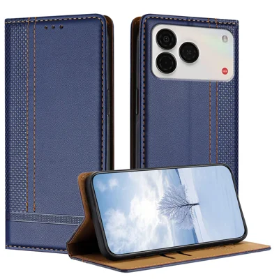 Étui pour ZTE nubia A57 Pro 4G / ZTE Nubia A57 4G, motif quadrillé en forme de L, en cuir synthétique avec support intégré et fente pour cartes - Bleu