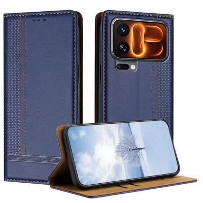 Voor Xiaomi 18 Pro Max Hoes L-vormig Rasterpatroon Leren Standtelefoonhoes met Kaartslots - Blauw