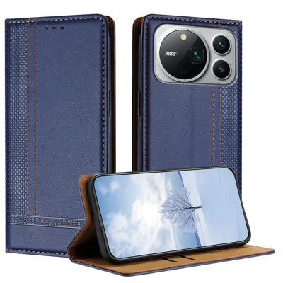 Capa para Telemóvel Honor Magic9 Pro Max 5G com Padrão de Grelha em L, em Pele com Suporte e Slots para Cartões - Azul