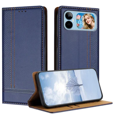  For Honor Play20A 4G Case L-Shaped Grid Pattern Leather Stand Phone Cover with Card Slots - Blue