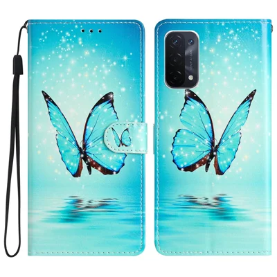 Til Oppo A54 5G / A74 5G / A93 5G Mønsterprintet Folder Ståplads Lommebogstaske af PU-læder med Magnetlukning Flip Beskyttelsesdæksel med Rem - Blå Sommerfugl