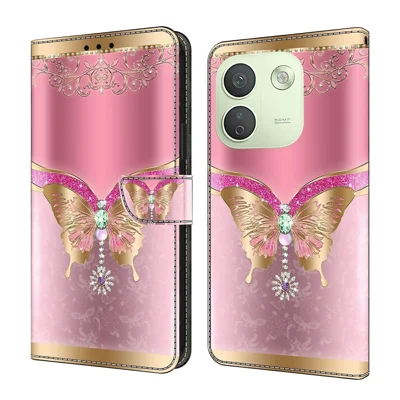 For Xiaomi Redmi Note 17 Pro Max 5G Wallet Case 3D Pattern PU Leather Phone Cover with Stand - Pink / Gold Butterfly