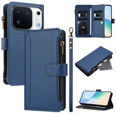  For Oppo Find X10 Pro Max 5G Leather Case 9 Card Slots Zipper Wallet Stand Phone Cover with Wrist Strap - Dark Blue