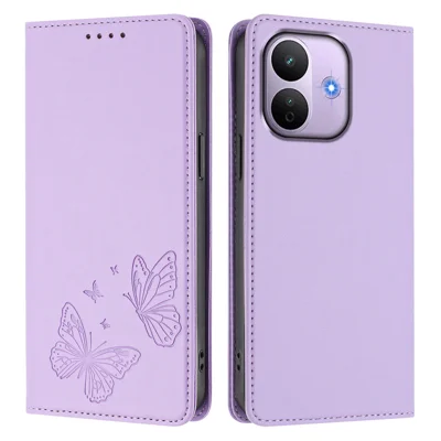 Wallethoes voor Xiaomi Redmi Note 17 Pro 5G met RFID-blokkering, vlinderbedrukking, magnetische flip, lederen cover - lichtpaars