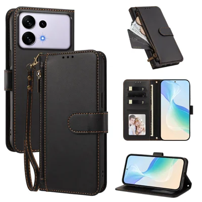 Für Samsung Galaxy S27 Ultra Hülle mit 4 Kartensteckplätzen, Brieftasche, Ständer, PU-Leder-Telefonhülle mit Handschlaufe - Schwarz