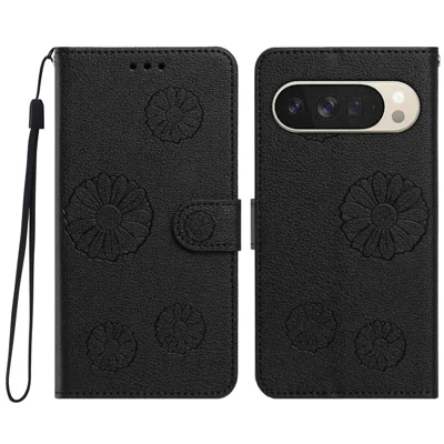 For Google Pixel 9 Pro XL / Google Pixel 10 Pro XL Case Daisy Pattern PU Leather Wallet Phone Cover with Wrist Strap - Black