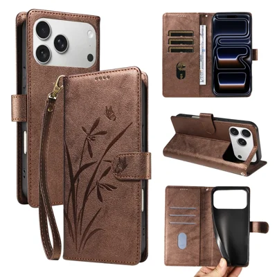 Til iPhone 18 Pro Max / 17 Pro Max Wallet Case med indpræget orkidé- og sommerfuglemønster, foldbar stander, læder telefonbeskyttelsesdækk med håndledsrem - Brun