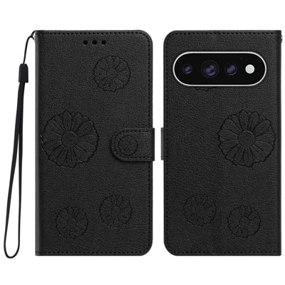 For Google Pixel 11 Pro XL Case Daisy Pattern PU Leather Wallet Phone Cover with Wrist Strap - Black