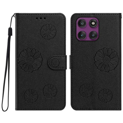 Coque portefeuille en cuir PU avec motif de marguerite pour Motorola Edge 60 Pro 5G, avec dragonne - Noir