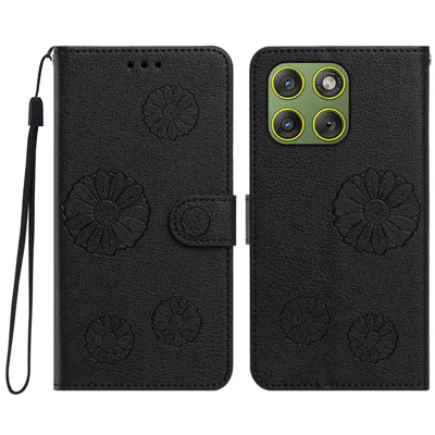 Coque de téléphone portefeuille en cuir PU avec motif de marguerite pour Motorola Moto X70 Air 5G / Motorola Edge 70 5G, avec sangle de poignet - Noir