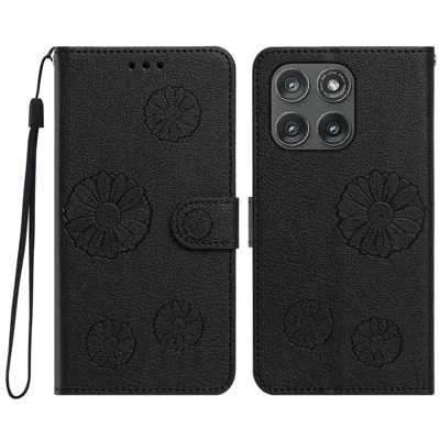 Pour Motorola Edge 60 Fusion 5G / Motorola Edge (2025) 5G / Motorola Edge 60 5G Coque Portefeuille en Cuir PU avec Motif de Marguerite et Sangle de Poignet - Noir