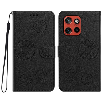 Capa de Telemóvel Carteira de Couro PU com Padrão de Margarida para Motorola Edge 50 Neo 5G / Motorola Moto S50 5G / Motorola ThinkPhone 25 5G / Motorola Edge 60 Neo 5G com Alça de Pulso - Preto