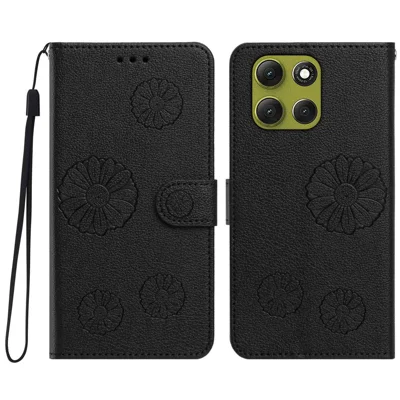 Für Motorola Moto G77 5G / Motorola Moto G87 5G / Motorola Moto G Max 5G / Motorola Moto G67 5G Muster mit Gänseblümchen aus PU-Leder Brieftaschen-Handyhülle mit Handschlaufe - Schwarz