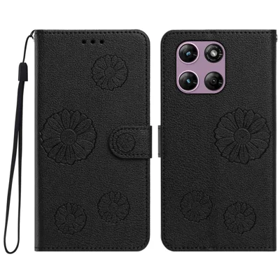 Coque portefeuille en cuir PU avec motif de marguerite pour Motorola Moto G37 Power 5G / Motorola Moto G47 5G / Motorola Moto G37 5G avec dragonne - Noir