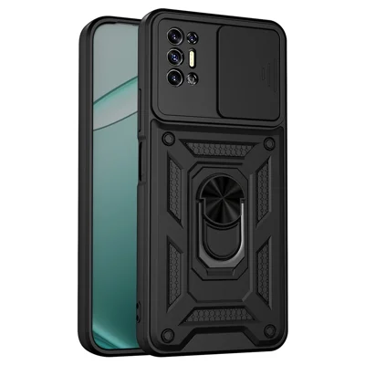 For TECNO Pova 2 4G Case with Slide Camera Lid PC + TPU Kickstand Phone Cover - Black