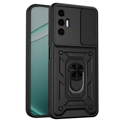 Für TECNO Pova 3 4G Hülle mit schiebbarer Kameraabdeckung PC + TPU Ständer Handyhülle - Schwarz