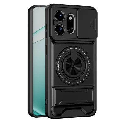 For Samsung Galaxy S27 Pro Magnetic Case Ring Holder Foldable Kickstand TPU PC Phone Cover with Camera Lens Slider - Black