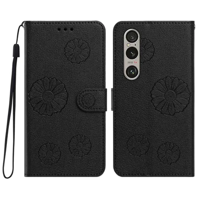 Capa Carteira de Couro PU com Padrão de Margarida para Sony Xperia 1 VI com Alça de Pulso - Preto