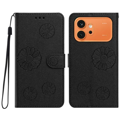 For Honor 600 Pro 5G / Honor 600 5G Case Daisy Pattern PU Leather Wallet Phone Cover with Wrist Strap - Black