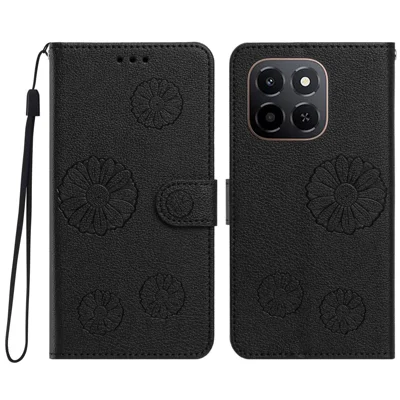 Für Honor X5b / Honor X5b Plus / Honor X6c 4G Daisy-Muster PU-Leder-Mappe-Handyhülle mit Handschlaufe - Schwarz