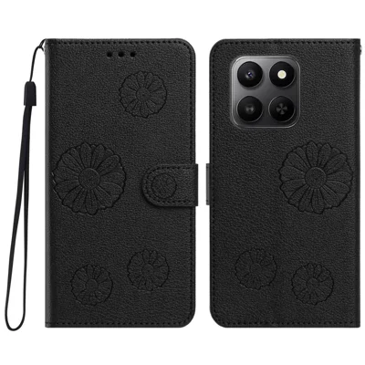 For Honor 400 Smart 4G / Honor X7d 4G / Honor X7d 5G / Honor 400 Smart 5G Daisy Pattern PU Læder Wallet Telefonbeskyttelse med Håndledsrem - Sort