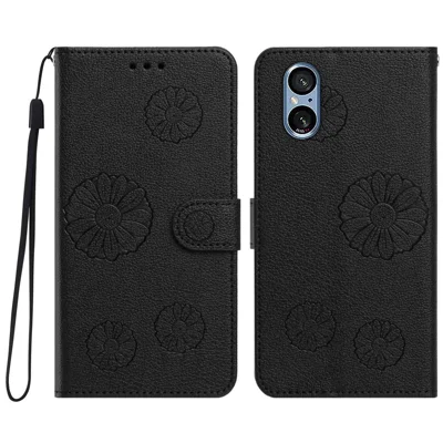  Voor Sony Xperia 5 V Daisy Patroon PU Leren Wallet Hoes met Polsband - Zwart