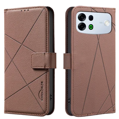  BINFEN COLOR for Oppo A7 Pro Max 5G BF35 Case Geometry Imprinted Leather Phone Cover RFID Blocking Wallet Stand - Brown